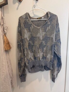 Vintage Patrick James  XL Geometric Knit V-Neck Pullover Sweater Gray Blue Beige